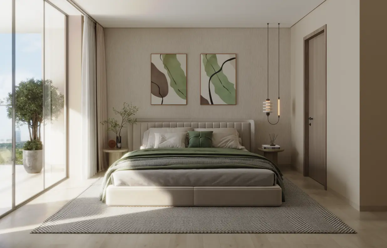 Bedroom shown in the REFINE "STAX" project catalogue, Jumeirah Village Circle (JVC), Dubai