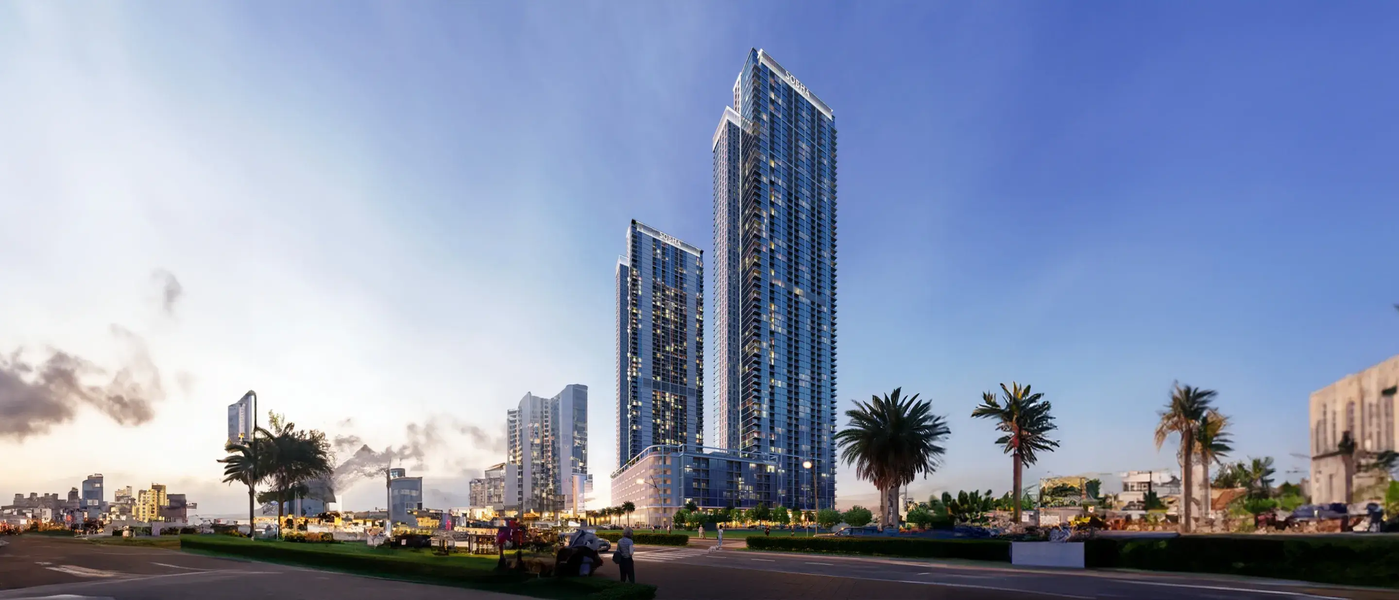Residential tower exterior shown in the SOBHA "Creek Vistas Heights" project catalogue, Sobha Hartland, Dubai
