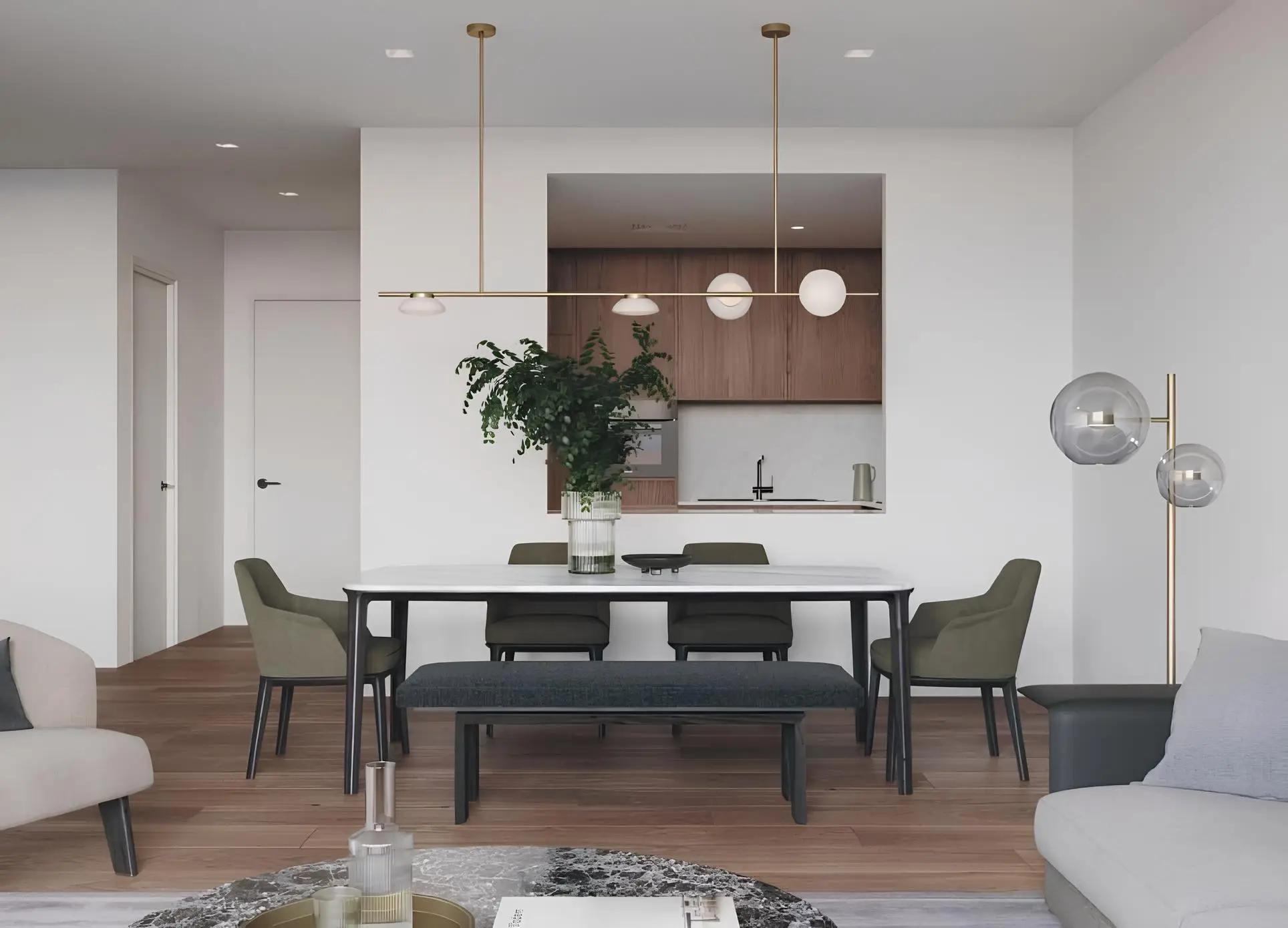 Dining area and open kitchen in the 399 Hills Park catalogue illustration Dining area and open kitchen in the 399 Hills Park catalogue illustration