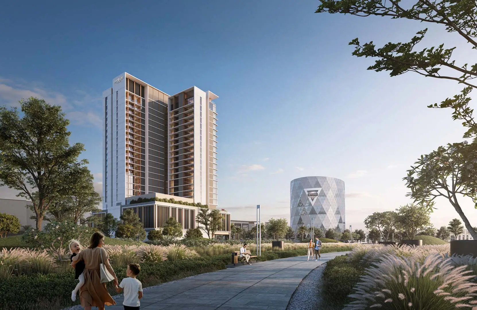 Residential tower beside a landscaped path shown in the ROYAL DEVELOPMENT COMPANY "Mallside Branded Residence Curio Collection by Hilton" catalogue, Dubai