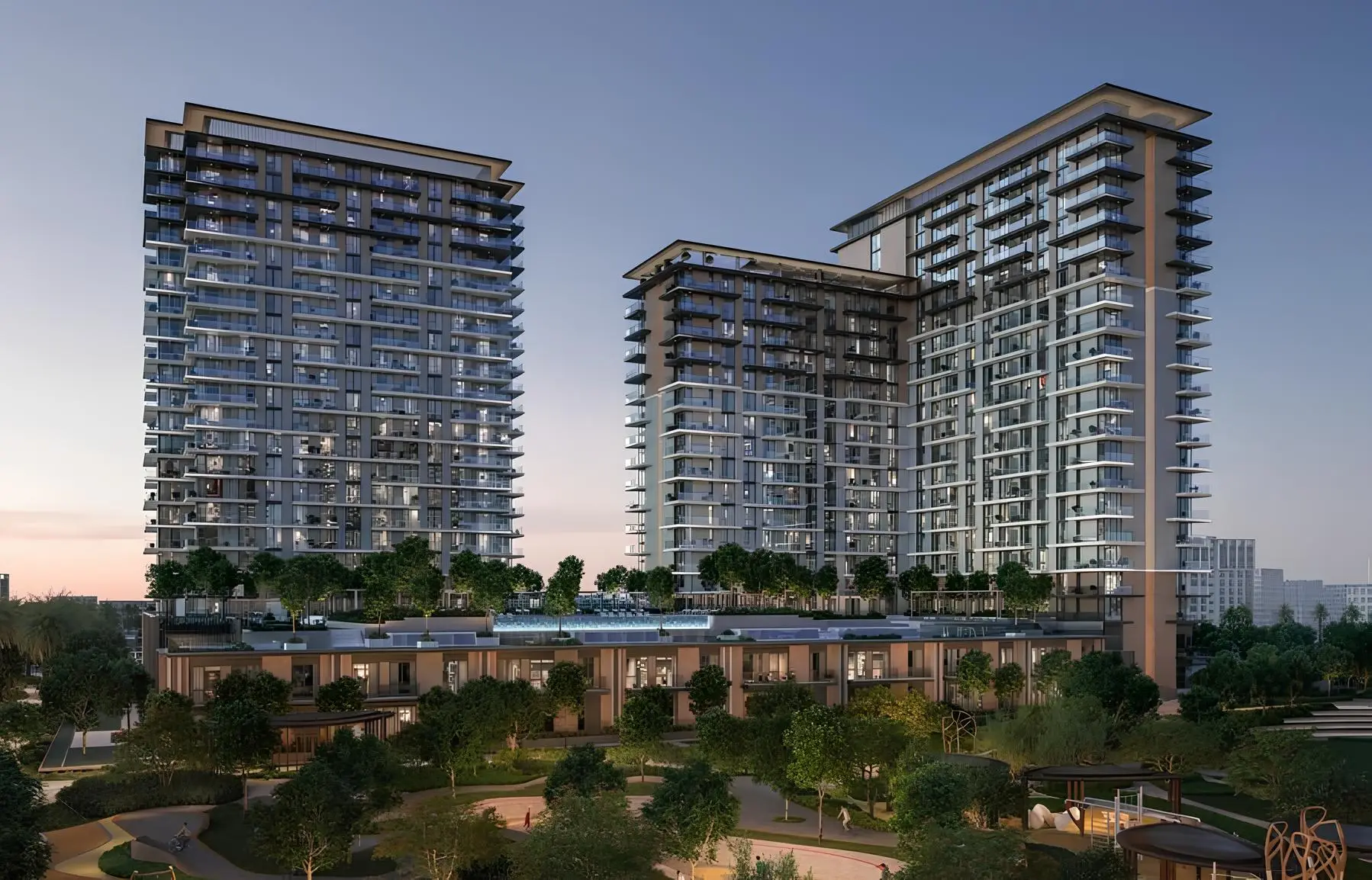 Residential towers and landscaped grounds in the Vida Residences Hillside catalogue illustration Residential towers and landscaped grounds in the Vida Residences Hillside catalogue illustration