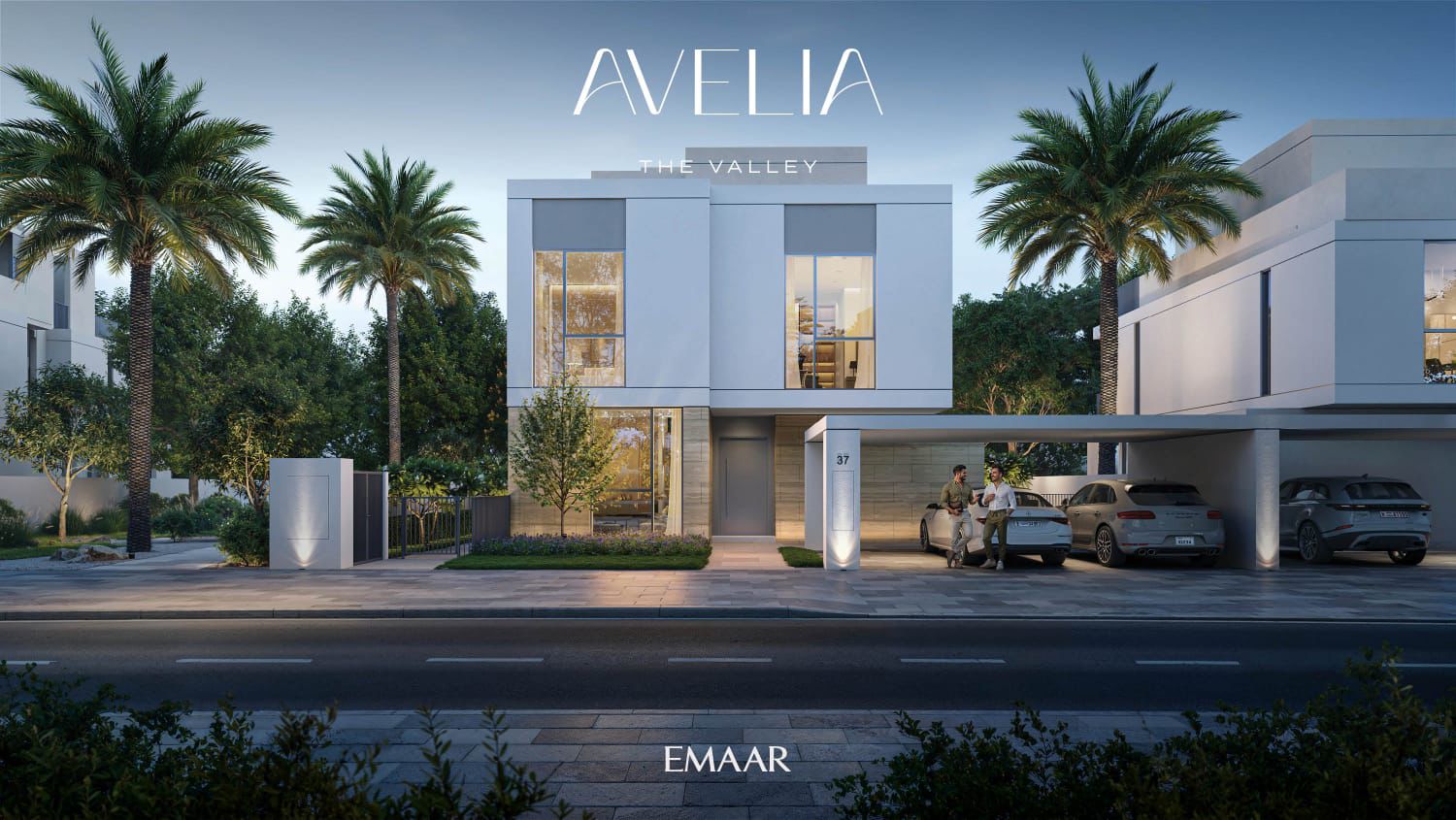 Emaar-branded Avelia villa street-elevation render with covered parking and palms