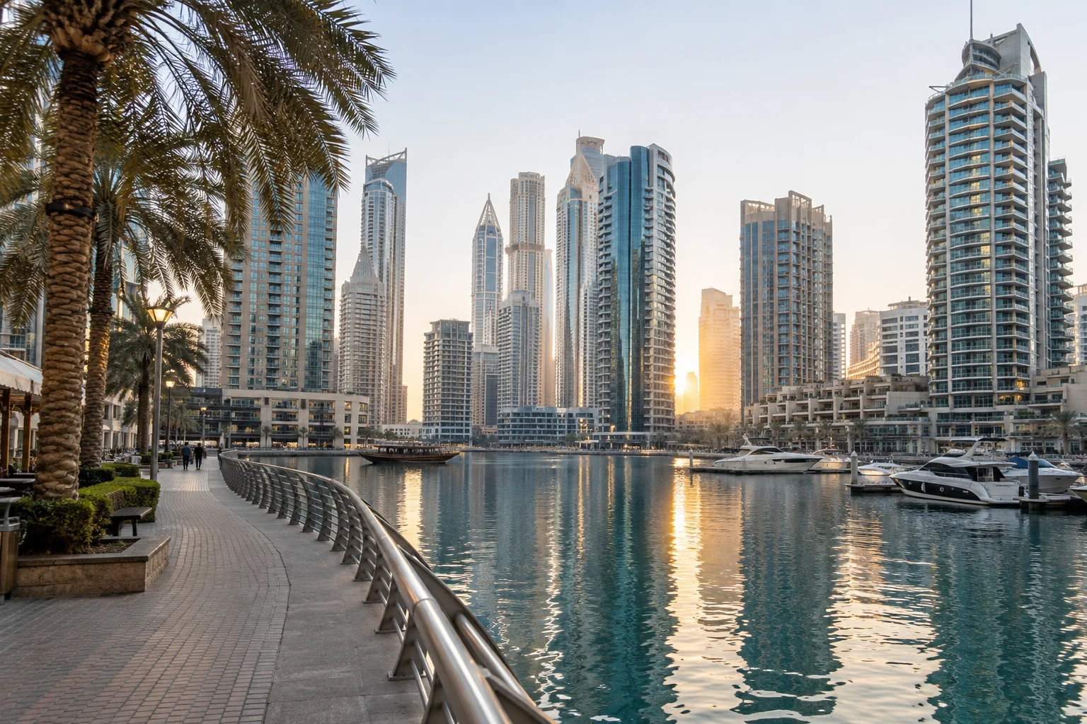 Waterfront apartments and a palm-lined promenade