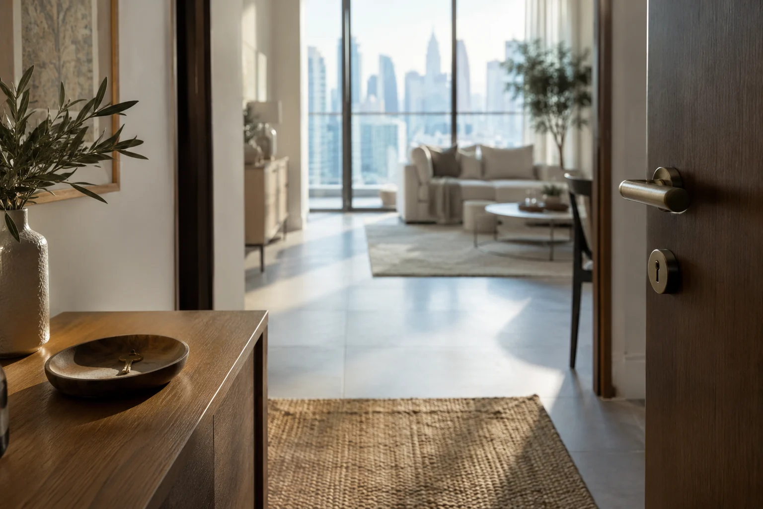 Apartment keys on a wooden console Apartment keys on a wooden console