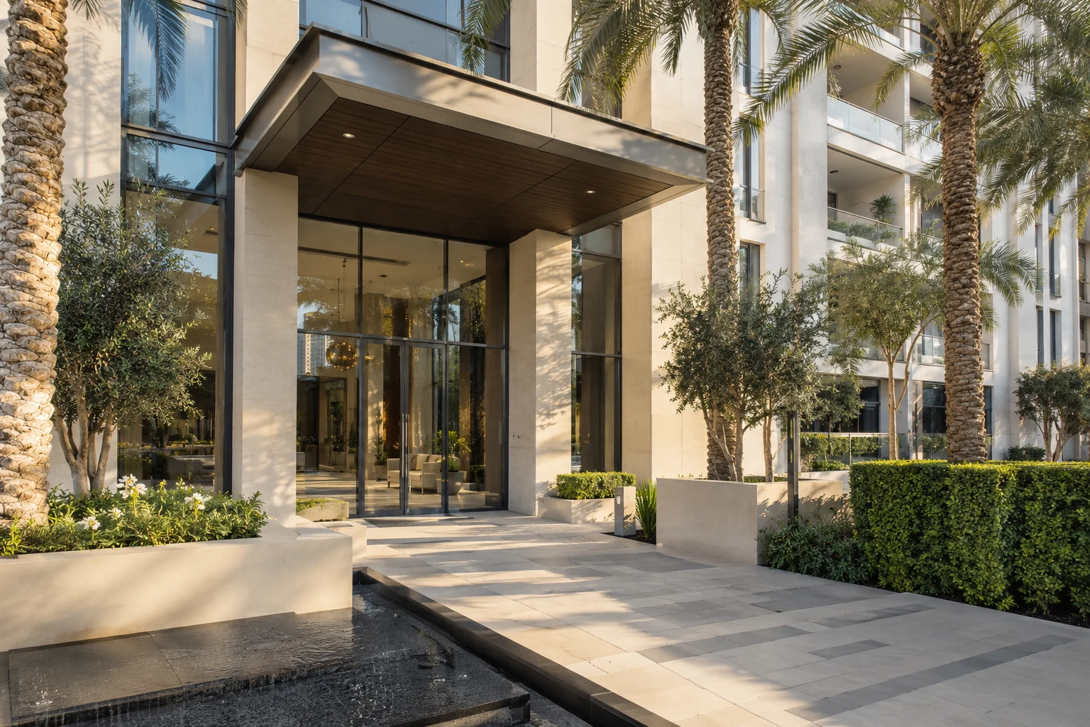 A shaded entrance to a residential building A shaded entrance to a residential building