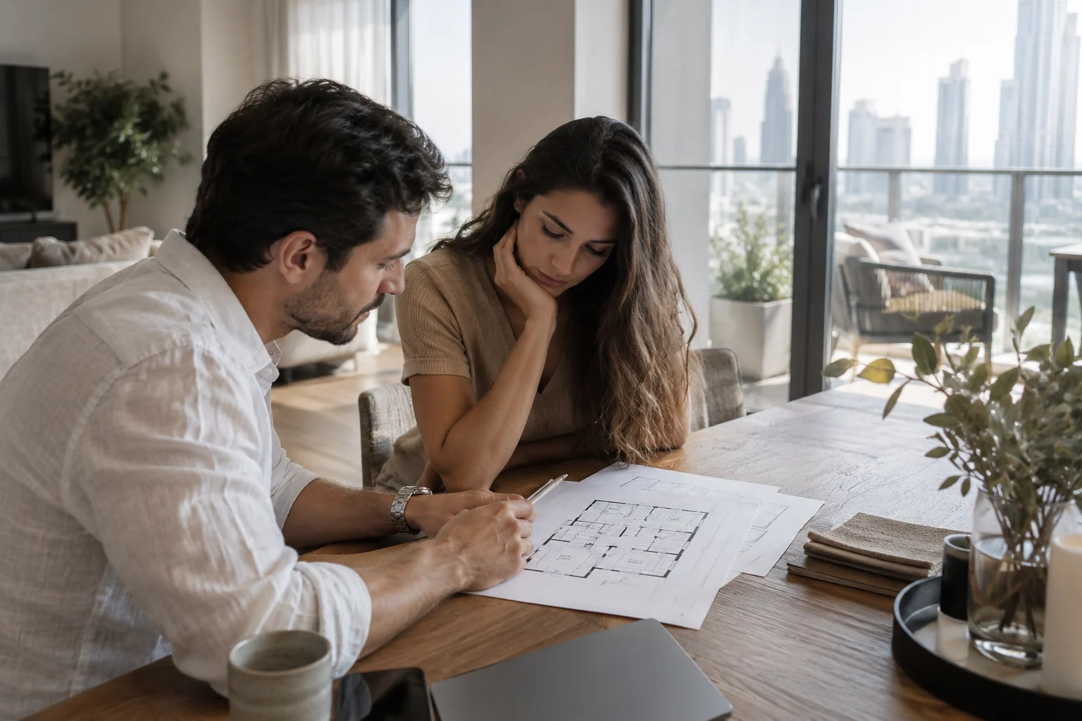 Buyers considering an apartment floor plan Buyers considering an apartment floor plan