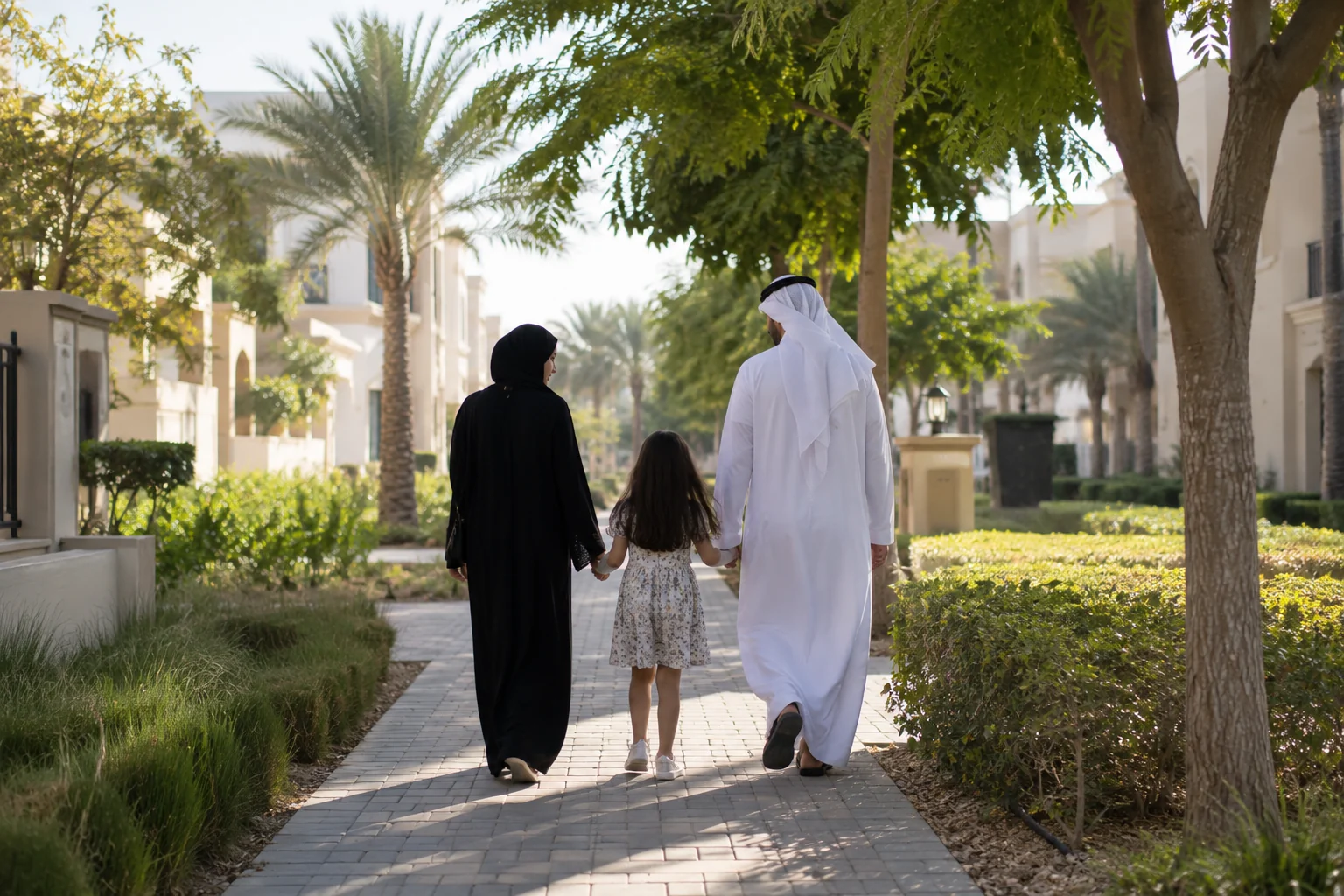 A family walking through a residential neighbourhood A family walking through a residential neighbourhood