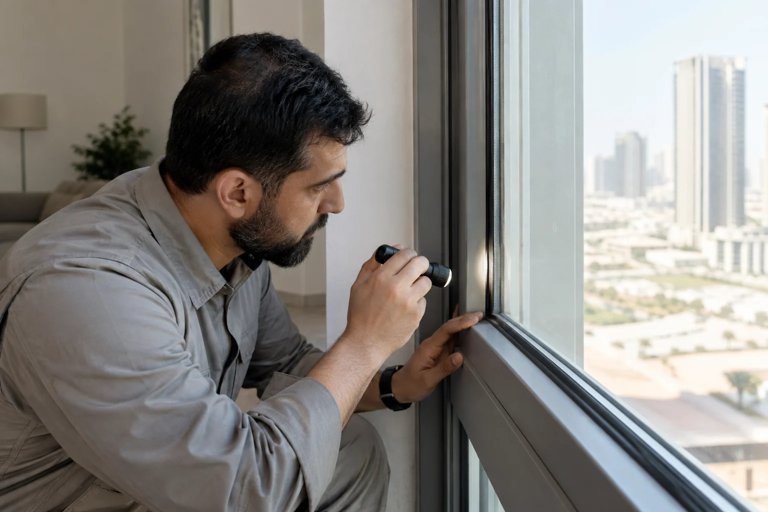 An inspector checking an apartment window An inspector checking an apartment window