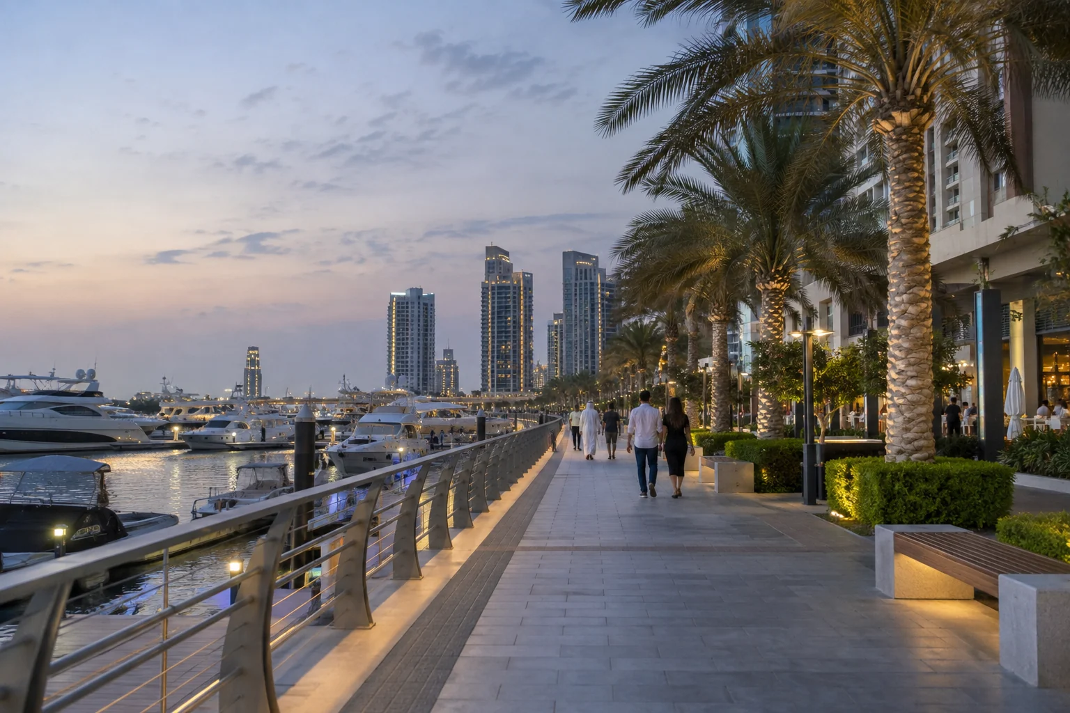An evening walk beside a marina An evening walk beside a marina